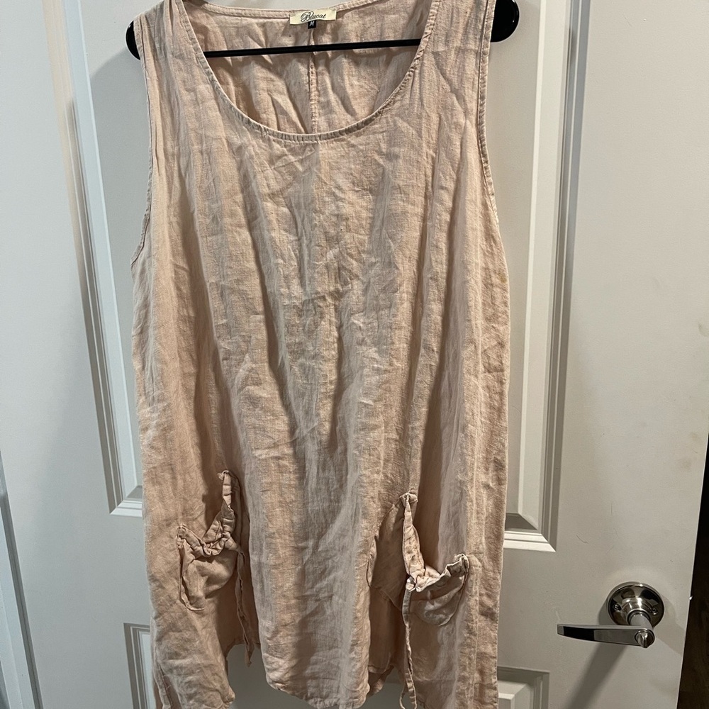 Blucat Size Medium 💯Linen Women's Beige Sleeveless Tunic Made In ITALY